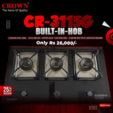 Crown CR-3115G Built-In Gas Hob – 3 Burner Tempered Glass Cooktop with Auto Ignition for Modern Kitchens